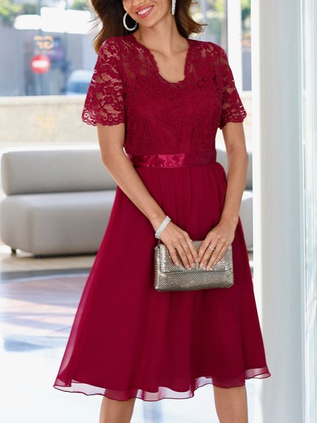 

Plain Elegant Lace Dress, Red, Dresses