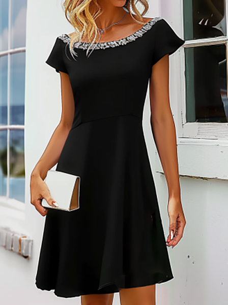 

Simple Lace Edge Plain Dress, Black, Dresses
