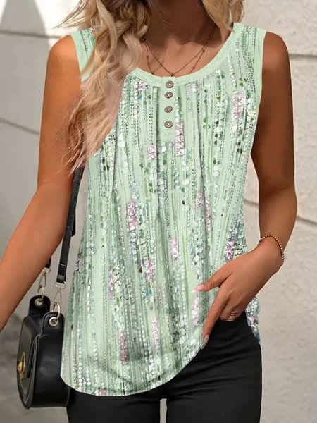 

Casual Crew Neck Floral Tank Top, Green, Blouses