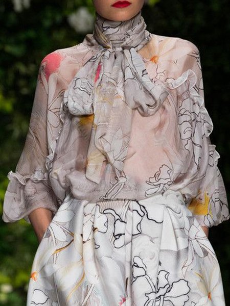 

Elegant Floral Long Sleeve Loose Shirt, As picture, Blouses and Shirts