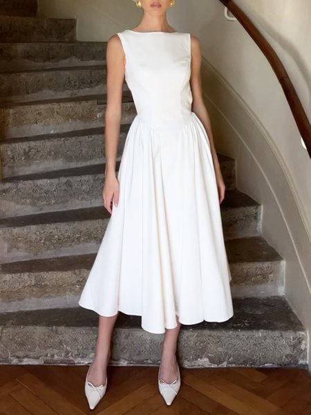 

Elegant Plain Crew Neck Sleeveless Dress, White, Maxi Dresses