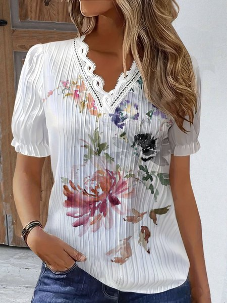 

V Neck Short Sleeve Floral Lace Regular Micro-Elasticity Loose Shirt For Women, White, Blouses