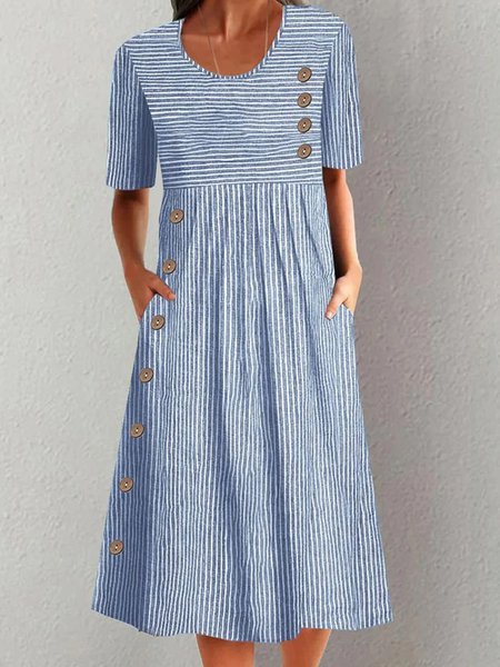 

Women's Short Sleeve Summer Striped Buckle Cotton Crew Neck Daily Going Out Casual Midi H-Line Blue, Dresses