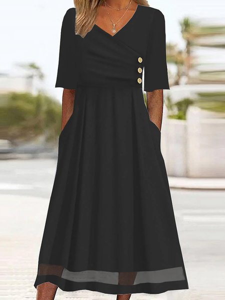 

Women Plain V Neck Short Sleeve Comfy Casual Mesh Midi Dress, Black, Dresses
