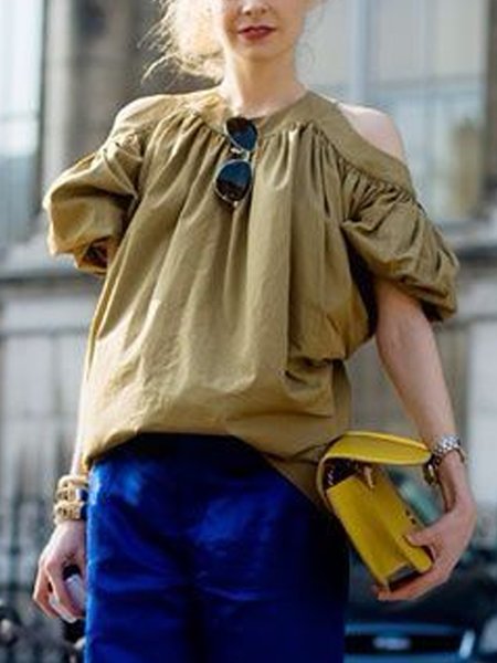 

Plain Crew Neck Casual Loosen Shirt, As picture, Blouses and Shirts