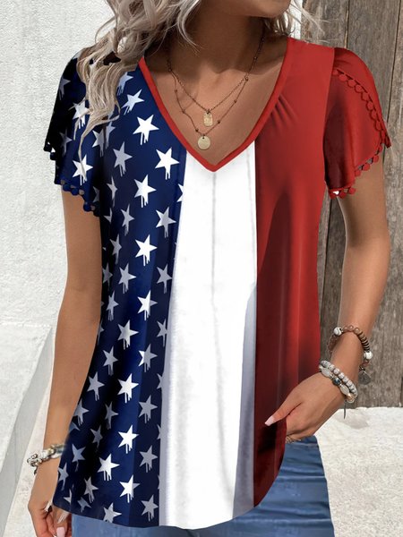 

V Neck Short Sleeve America Flag Lace Regular Micro-Elasticity Loose Shirt For Women, Red, Blouses