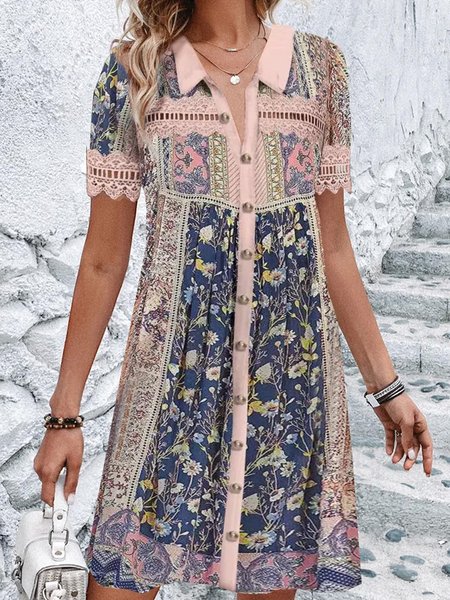 

Women Floral Shirt Collar Short Sleeve Comfy Casual Midi Dress, Multicolor, Dresses