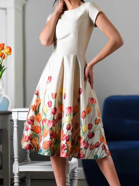 

Crew Neck Elegant Regular Fit Floral Dress, As picture, Midi Dresses