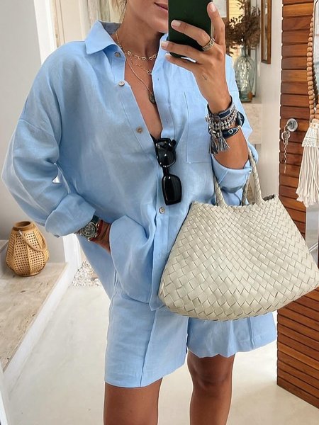 

Casual Daily Loose Plain Shirt Collar Blouse, Blue, Blouses and Shirts
