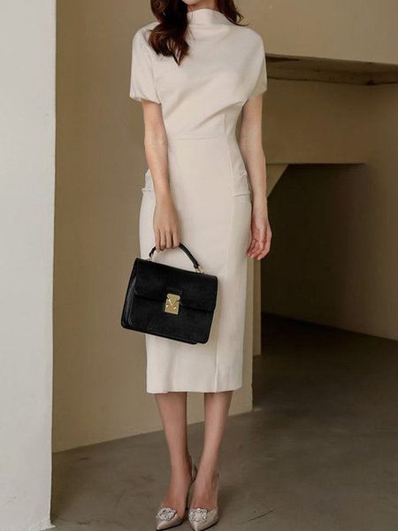 

Short Sleeve Regular Fit Plain Elegant Dress, As picture, Midi Dresses