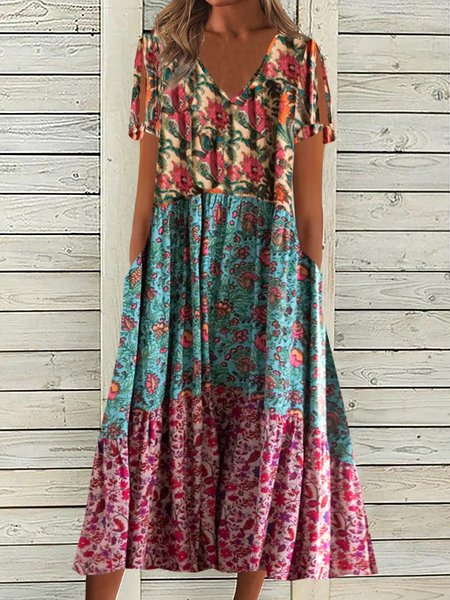 

Women Floral V Neck Short Sleeve Comfy Vacation Knee Length Dress, Red, Dresses
