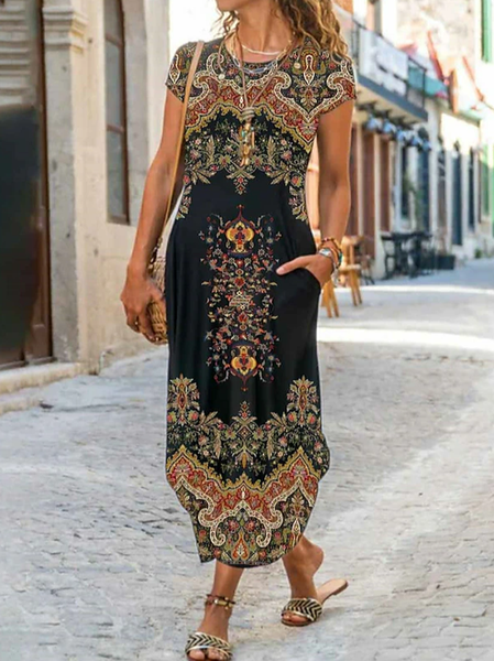 

Plus Size Pocket Stitching Crew Neck Casual Loose Dress, Black, Dresses