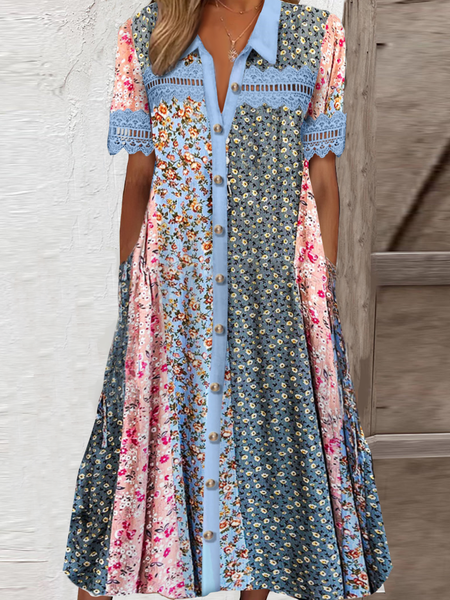 

Women Floral V Neck Short Sleeve Comfy Vacation Maxi Dress, Flower, Dresses