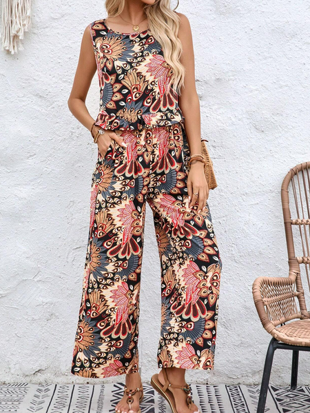 

Crew Neck Ethnic Two-Piece Set, Brown, Suit Set