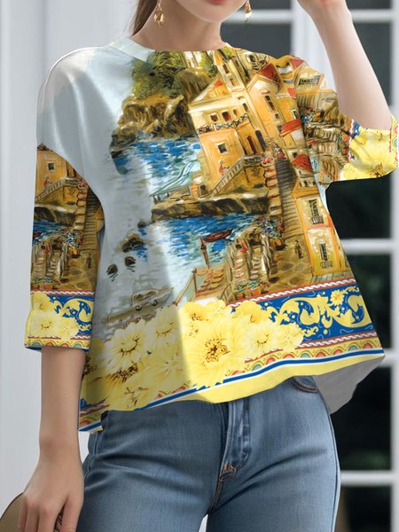 

Painting Loose Casual Crew Neck Shirt, As picture, Blouses and Shirts