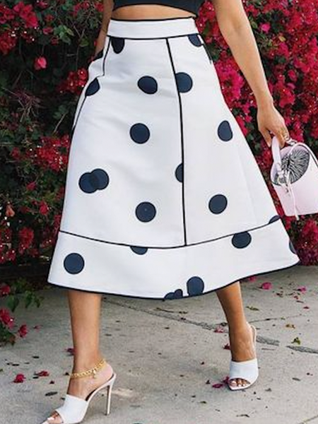 

Loose Polka Dots Elegant Midi Skirt, White, Skirts