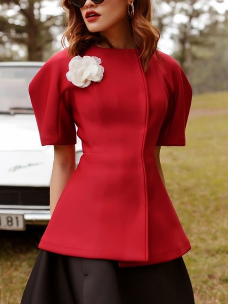 

Plain Regular Fit Urban Crew Neck Short Sleeve Blouse With Brooch, Red, Blouses and Shirts