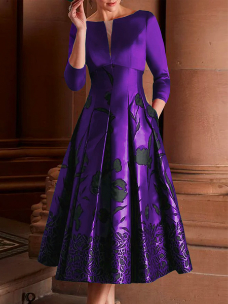 

Plus Size Notched Elegant Regular Fit Plants Midi Dress, Purple, Plus Dresses