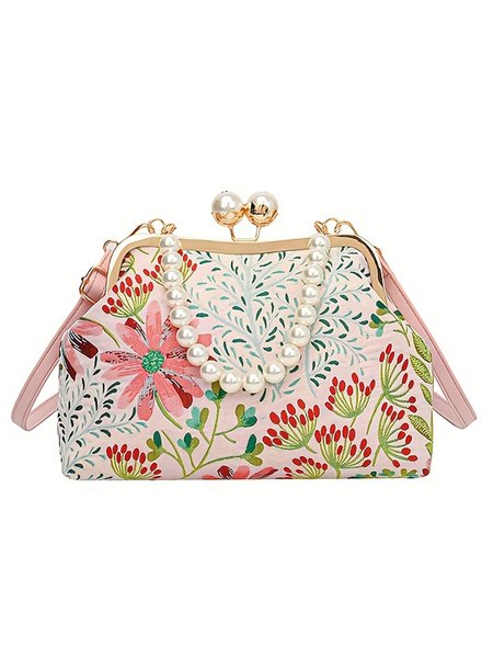 

Elegant Imitation Pearl Beaded Handbag Floral Clutch Bag with Detachable Crossbody Strap, Pink, Bags