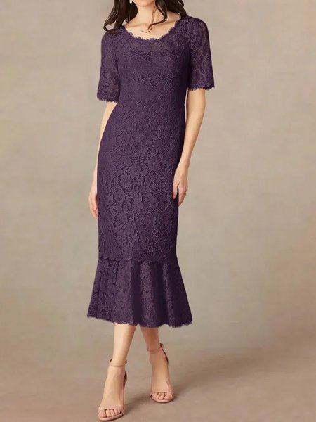 

Elegant Plain Lace Crew Neck Dress, Purple, Dresses