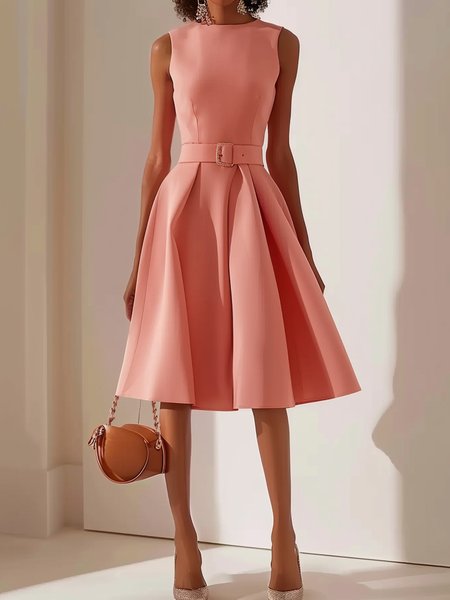 

Women's Sleeveless Summer Plain Ruched Dress Boat Neck Date Going Out Urban Midi X-Line Pink, Dresses