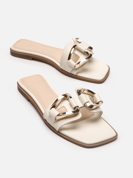 

Fashionable Geometric Metal Decor Hollow Out Slide Sandals, Beige, Slippers