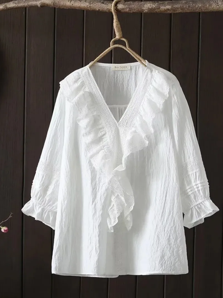 

Plain V Neck Cotton Linen Blouse, White, Blouses & Shirts