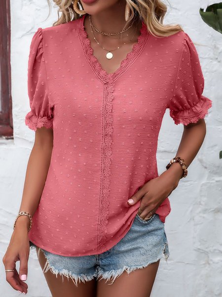 V Neck Short Sleeve Plain Regular Regular Fit Shirt For Women, Cameo, Blouses
