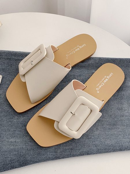 

Irregular Buckle Leather Square Toe Slide Sandals, Off white, Slippers