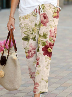 

Floral Linen Loose Pants, Random, Pants