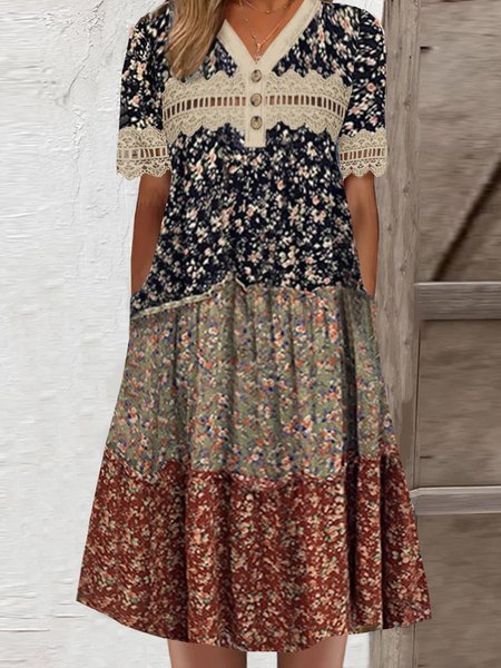 

Women Color Block V Neck Short Sleeve Comfy Casual Lace Midi Dress, Multicolor, Dresses