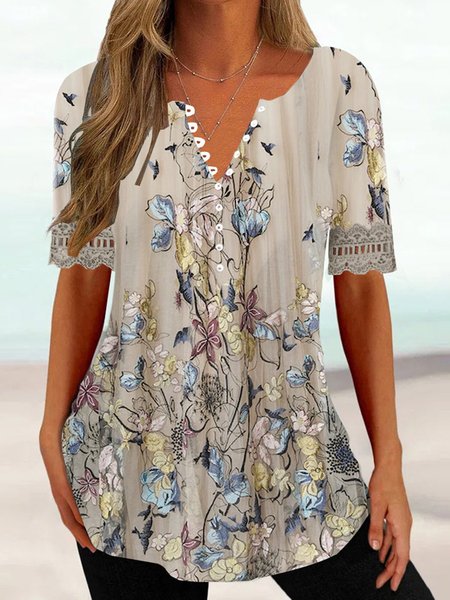 

V Neck Short Sleeve Floral Lace Regular Loose Shirt For Women, Khaki, Blouses