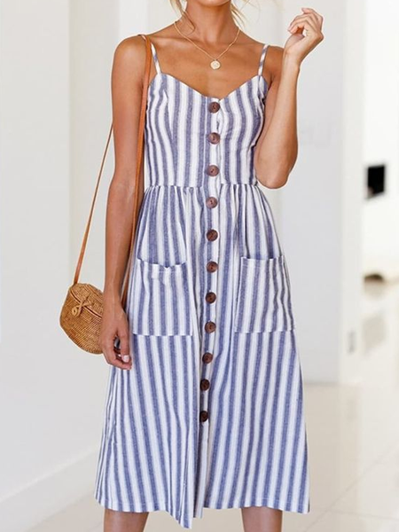 Women Striped Spaghetti Sleeveless Comfy Casual Midi Dress, Blue, Dresses