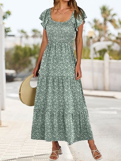 

Regular Fit Small Floral Ruffled Sleeves Vacation Dress, Green, Dresses