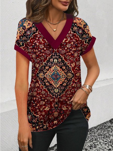 

Shirt Collar Short Sleeve Floral Regular Loose Blouse For Women, Wine red, Blouses