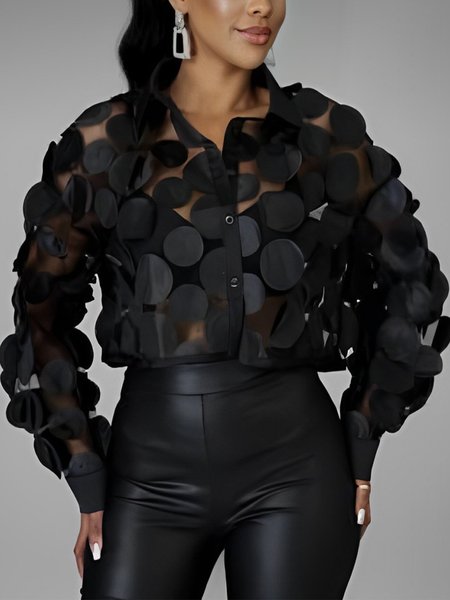 Shirt Collar Plain Loose Urban Blouse, Black, Blouses and Shirts