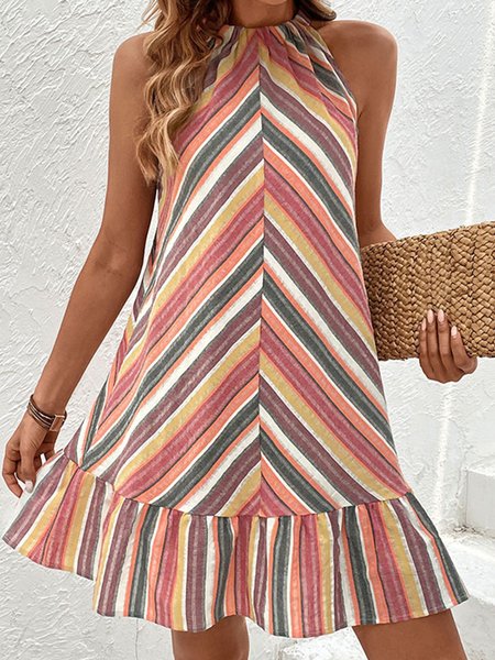 

Women Striped Halter Sleeveless Comfy Casual Short Dress, Red, Dresses