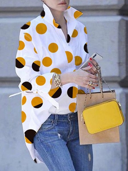 

Plus Size Loose Polka Dots Shirt Collar Urban Blouse, White, Plus Tops