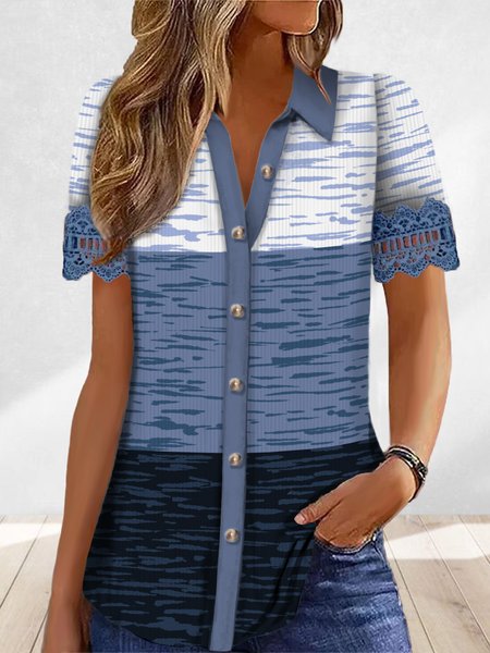 

Shirt Collar Short Sleeve Color Block Regular Loose Blouse For Women, Multicolor, Shirts