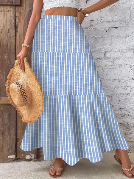 

Casual Striped A-Line Natural Maxi Skirt, Blue, Skirts