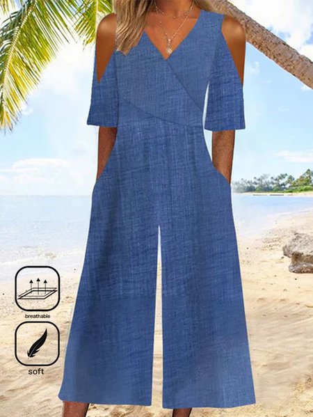 

Women's Plain V Neck Short Sleeve Casual Off Shoulder Sleeve Summer Jumpsuit, Blue, Jumpsuits＆Rompers