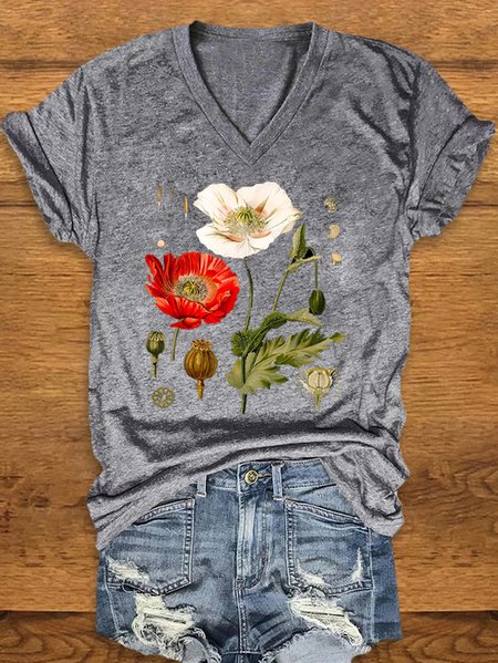 

Women's Short Sleeve Tee T-shirt Summer Floral Knitted V Neck Daily Going Out Casual Top White, Light gray, T-Shirts