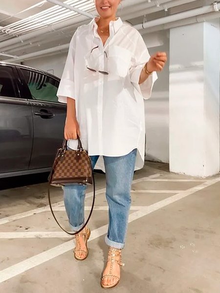 

Plus Size Shirt Collar Plain Urban Loose Blouse, White, Plus Tops