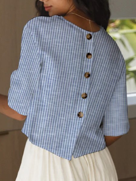 Crew Neck Short Sleeve Striped Regular Loose Blouse For Women, Blue, Blouses