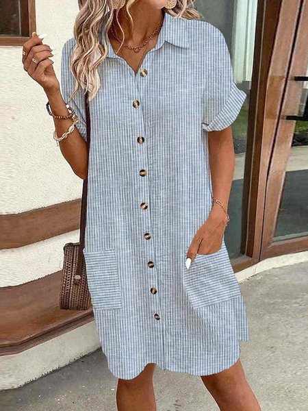 

Women Striped Shirt Collar Short Sleeve Comfy Casual Short Dress, Blue, Dresses