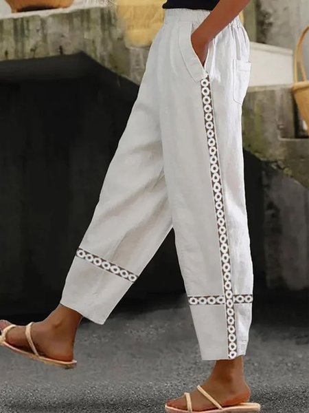 

Women Casual Plain Long Loose Lace Pants, White, Pants