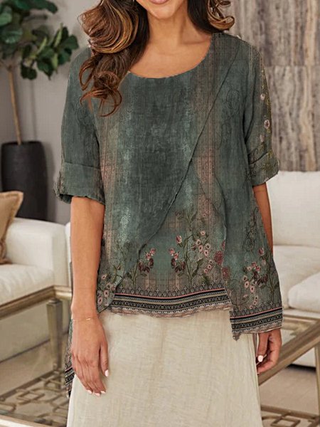 

Crew Neck Short Sleeve Floral Regular Loose Blouse For Women, Green, Blouses