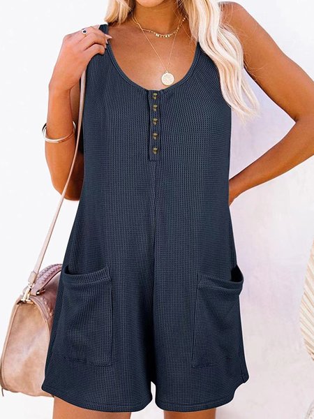 

Women Sleeveless Crew Neck Regular Fit Shorts Pocket Stitching Daily Casual Plain Natural Jumpsuit, Purplish blue, Jumpsuits&Rompers