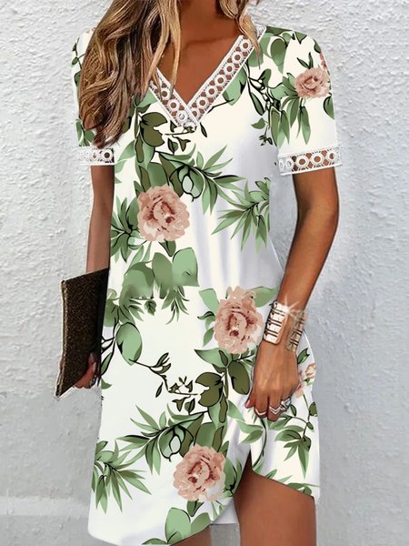 

Women Floral V Neck Short Sleeve Comfy Casual Short Dress, Green, Dresses