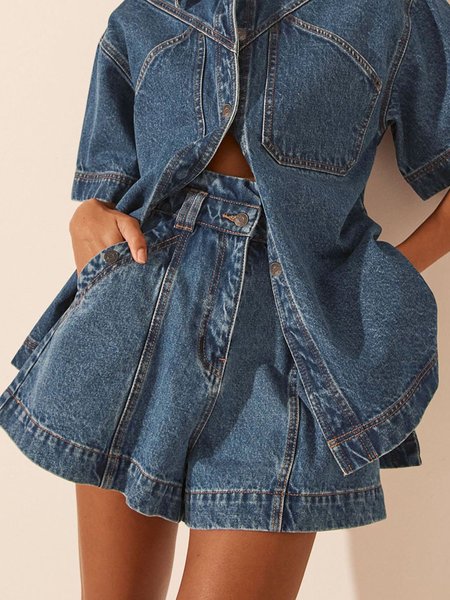 

Plus Size Denim Regular Fit Casual Wide leg Shorts, Blue, Plus Bottoms